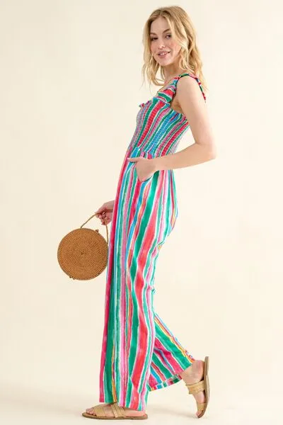 And The Why Striped Smocked Sleeveless Jumpsuit