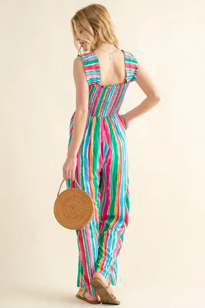 And The Why Striped Smocked Sleeveless Jumpsuit