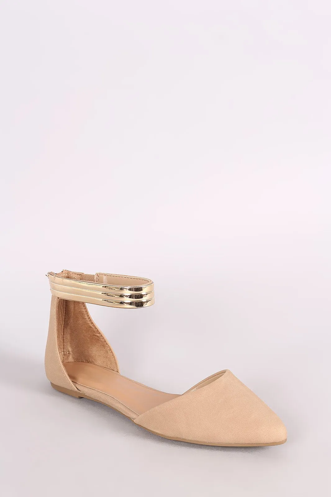 Bamboo Metallic Ankle Strap Nubuck Pointy Toe Flat