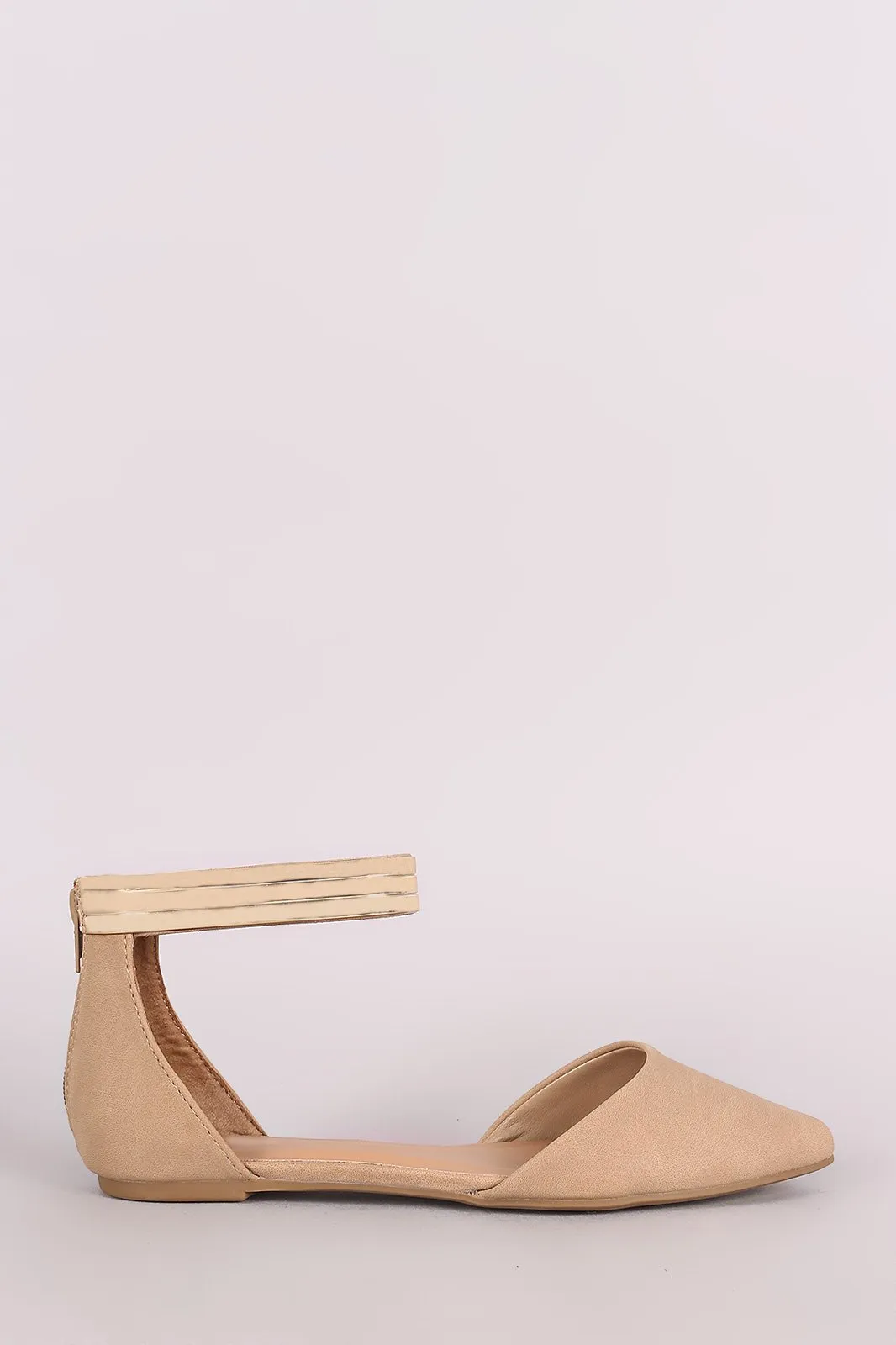 Bamboo Metallic Ankle Strap Nubuck Pointy Toe Flat