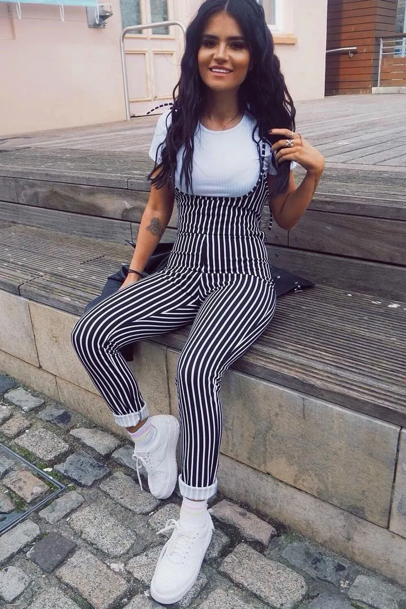 Black and White Striped Tie Up T shirt Insert Jumpsuit - Ahonesti