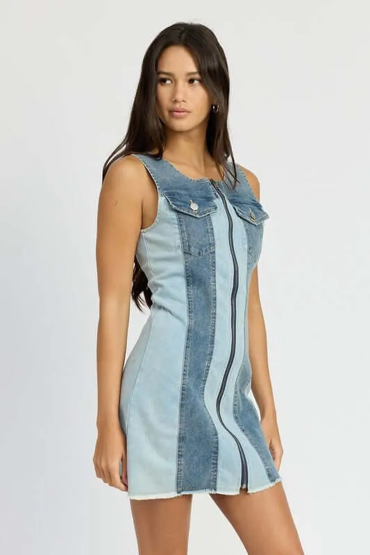 Blue Color Block Denim Mini Dress