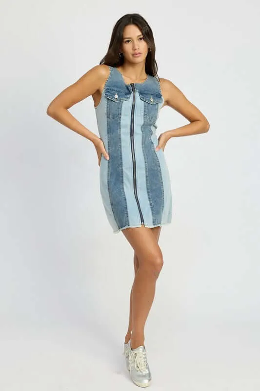 Blue Color Block Denim Mini Dress