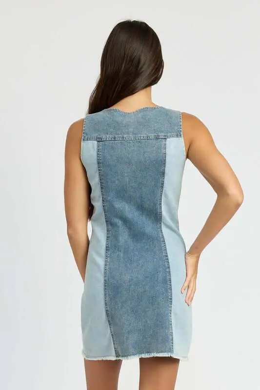 Blue Color Block Denim Mini Dress