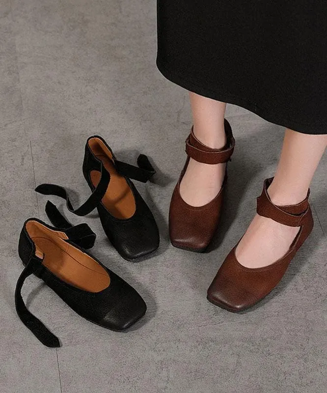 Chic Chocolate Buckle Strap Ballet Flats Shoes Cowhide Leather