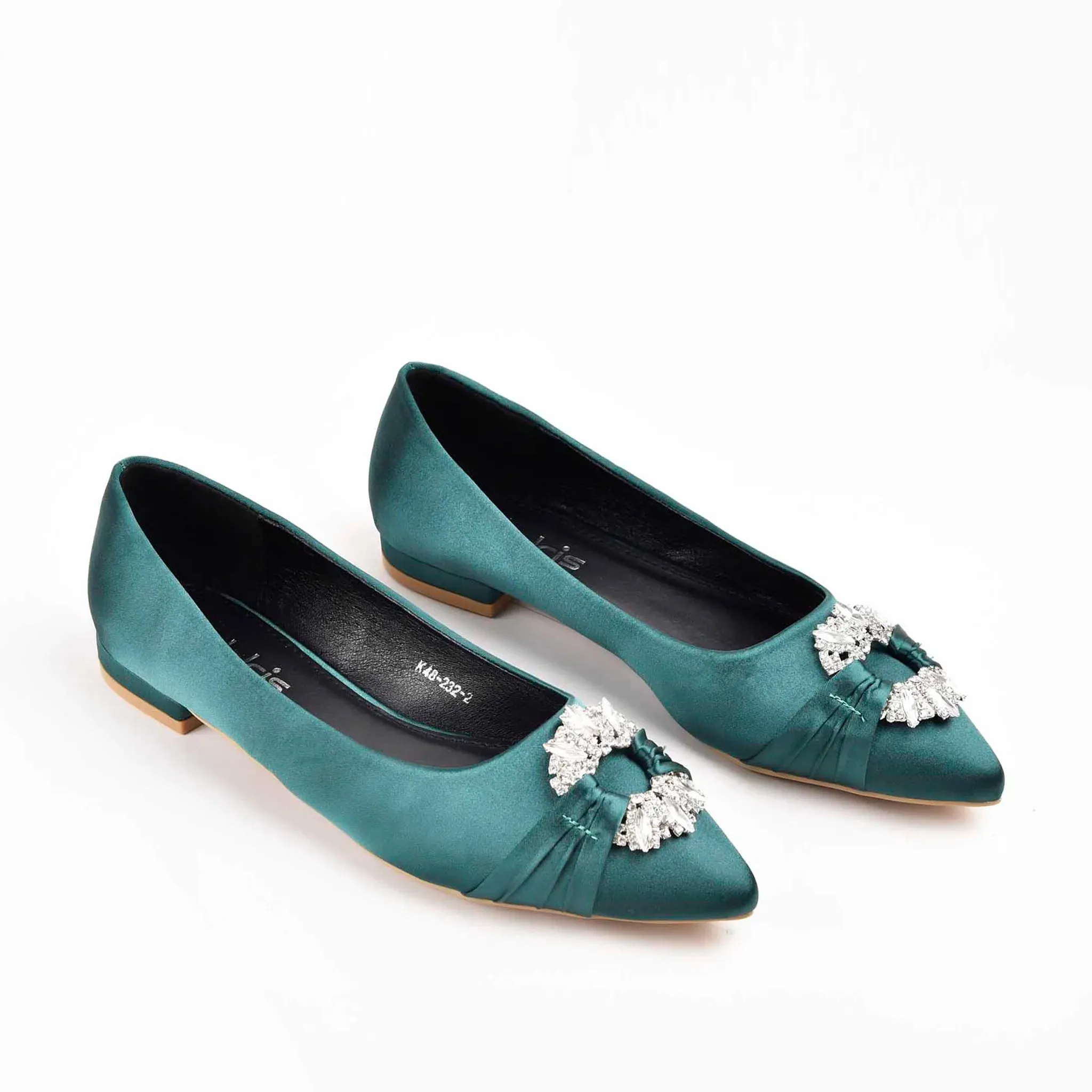 Chic Teal Satin Flats with Crystal Embellishment | 468M-K