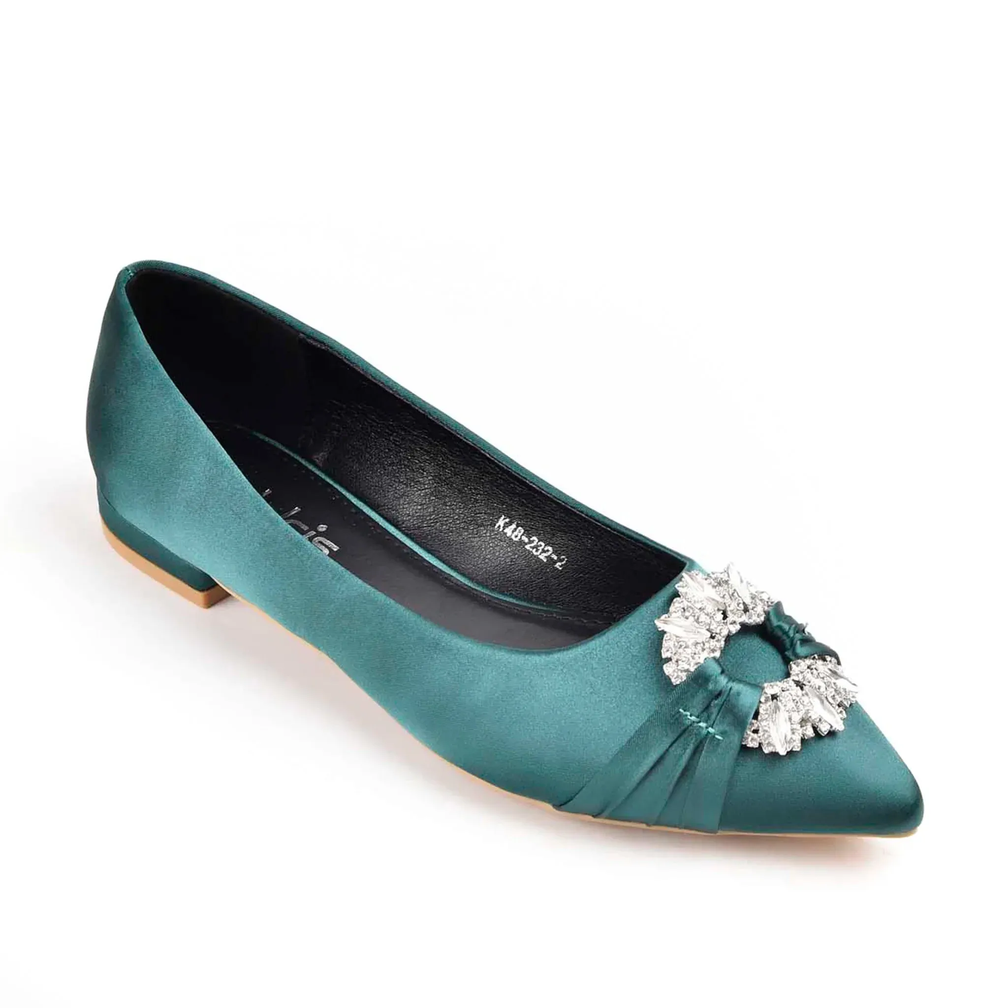 Chic Teal Satin Flats with Crystal Embellishment | 468M-K