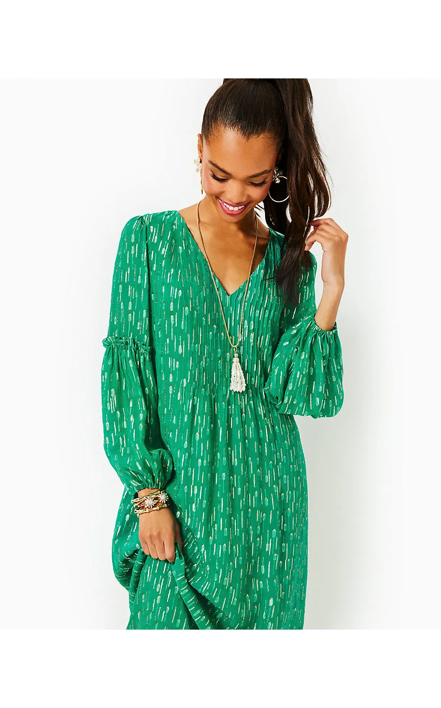 CLEME LONG SLEEVE MAXI DRESS - FIDDLE LEAF GREEN - MYSTICAL VISCOSE METALLIC CLIP