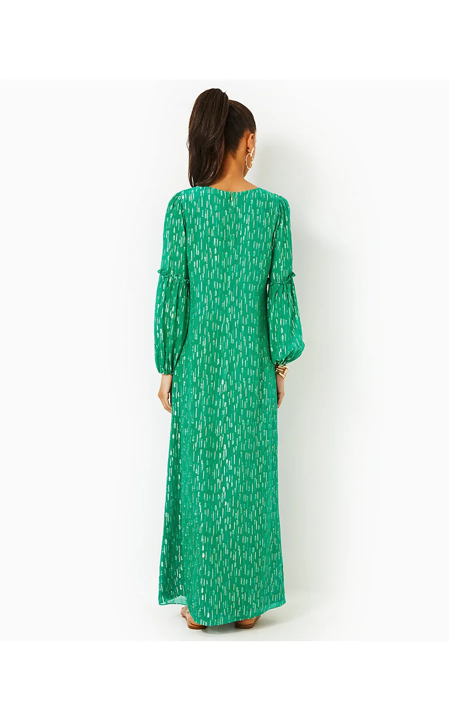 CLEME LONG SLEEVE MAXI DRESS - FIDDLE LEAF GREEN - MYSTICAL VISCOSE METALLIC CLIP