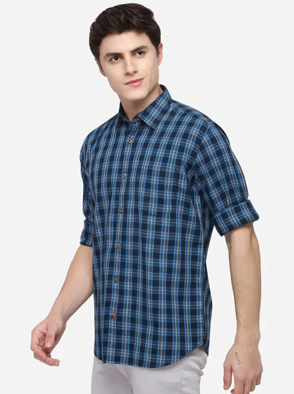 Cobalt Blue Regular Fit Checked Casual Shirt | Greenfibre