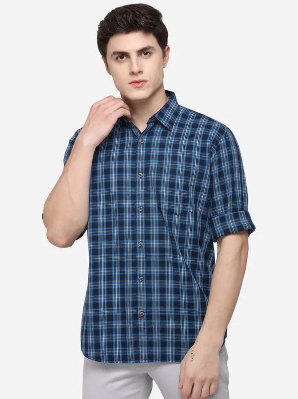 Cobalt Blue Regular Fit Checked Casual Shirt | Greenfibre