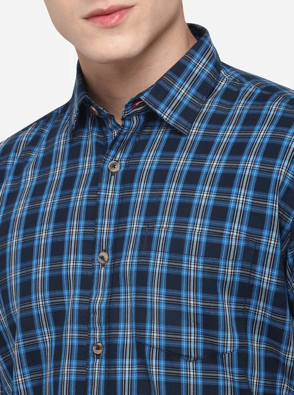 Cobalt Blue Regular Fit Checked Casual Shirt | Greenfibre