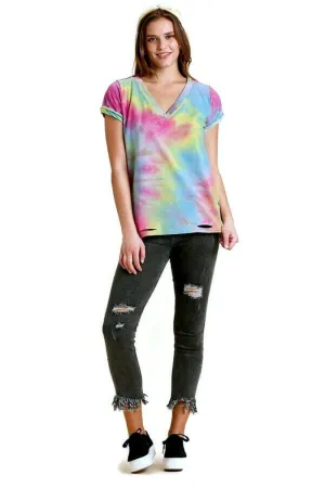 Distressed Tie Dye Top, Pink/Sky