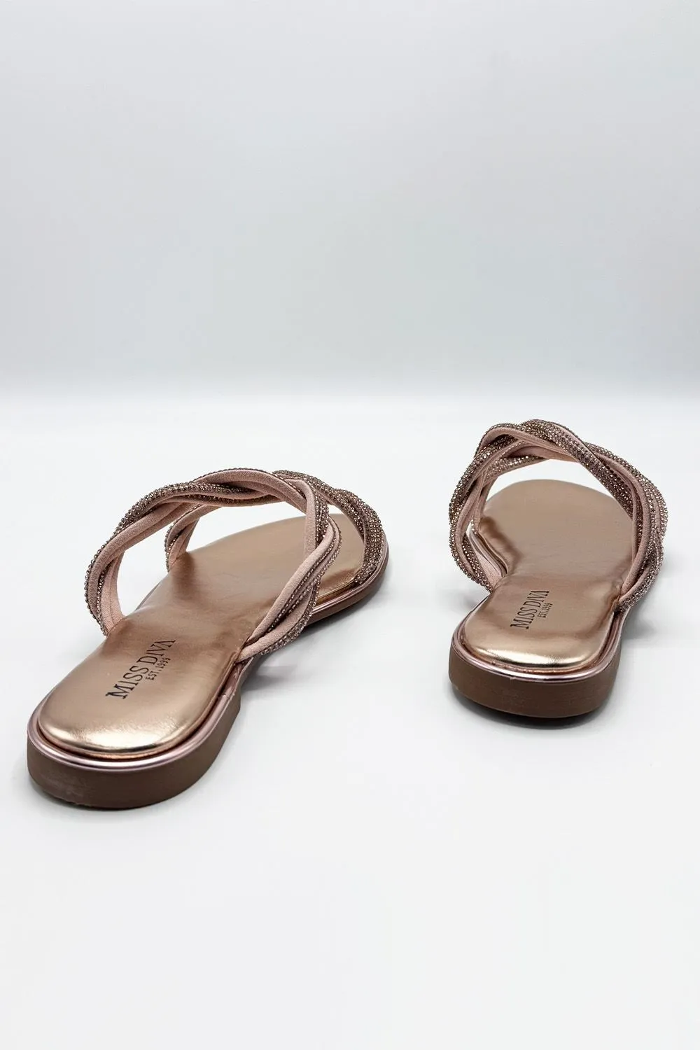 Eldoria Diamante Plaited 2 Strap Sliders in Rose Gold