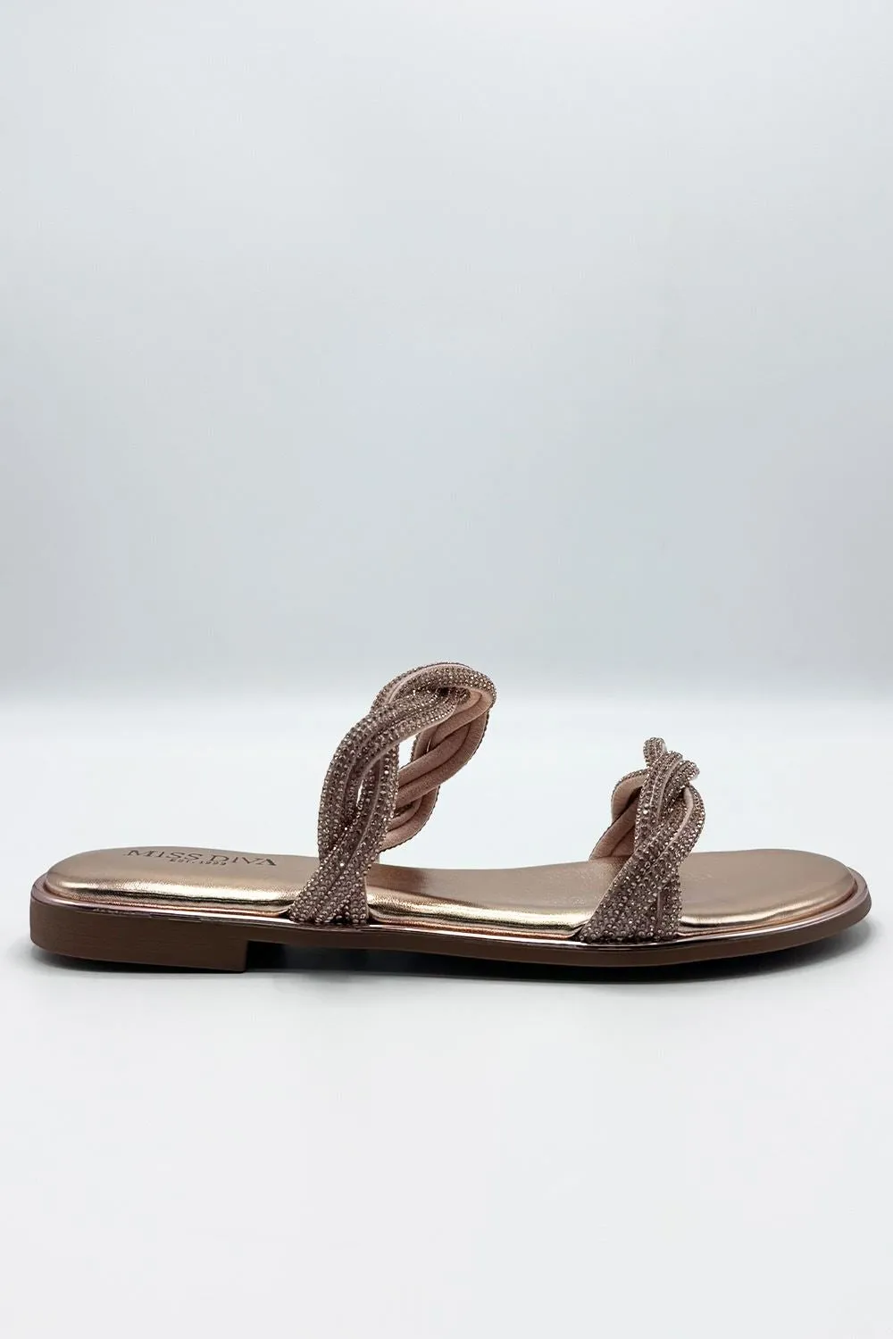 Eldoria Diamante Plaited 2 Strap Sliders in Rose Gold