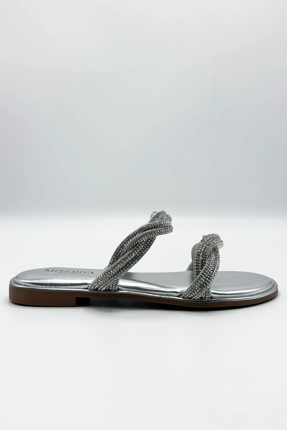 Eldoria Diamante Plaited 2 Strap Sliders in Silver