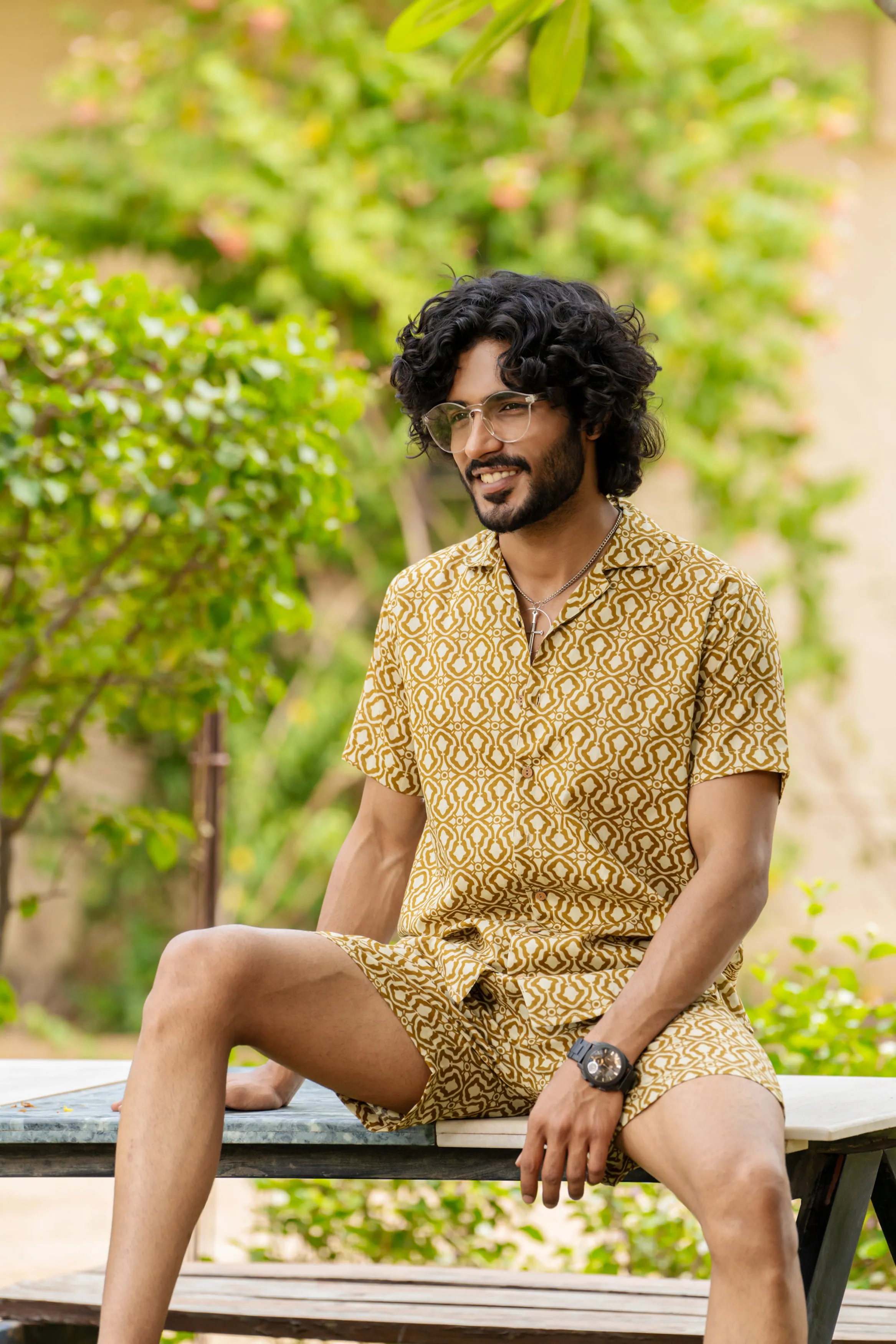 Firangi Yarn Printed Cuban Collar Mustard Geomatric Printed Summer Lounge and Beach Co-ord Set For Men