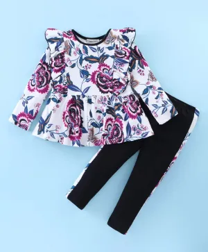 Floral Printed Frilled Top Side-Taped Leggings Set