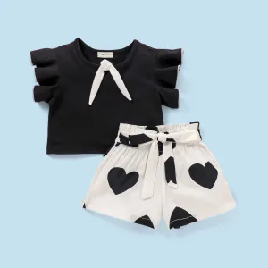 Frilled Sleeves Top Belted Hearts Shorts Set