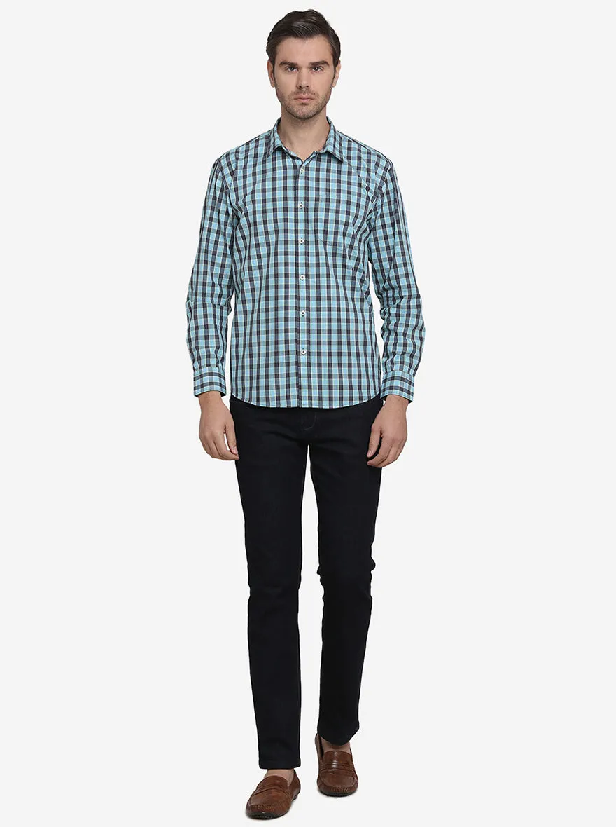 Green & Blue Checked Regular Fit Casual Shirt  | Greenfibre