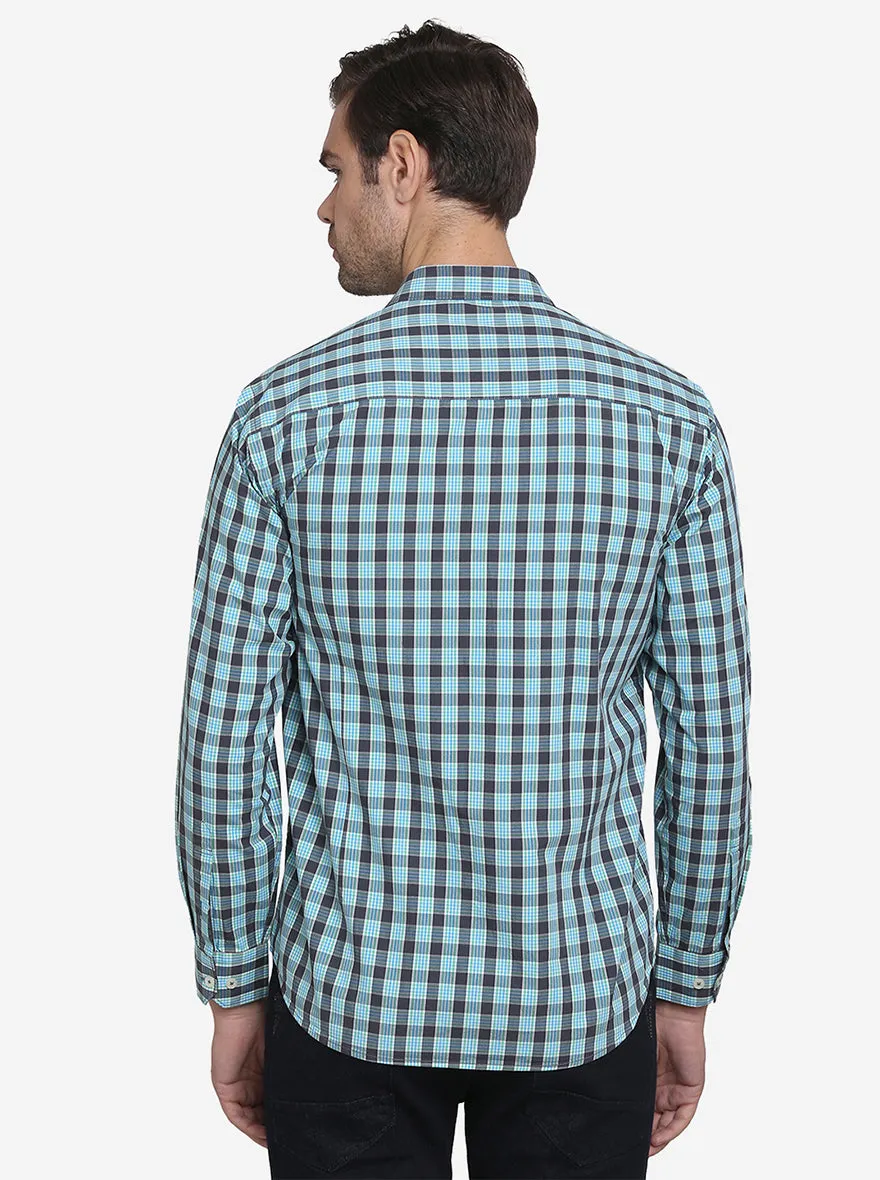 Green & Blue Checked Regular Fit Casual Shirt  | Greenfibre