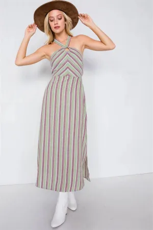 Green Multi Stripe Wooden Center Cut Out Halter Maxi Dress