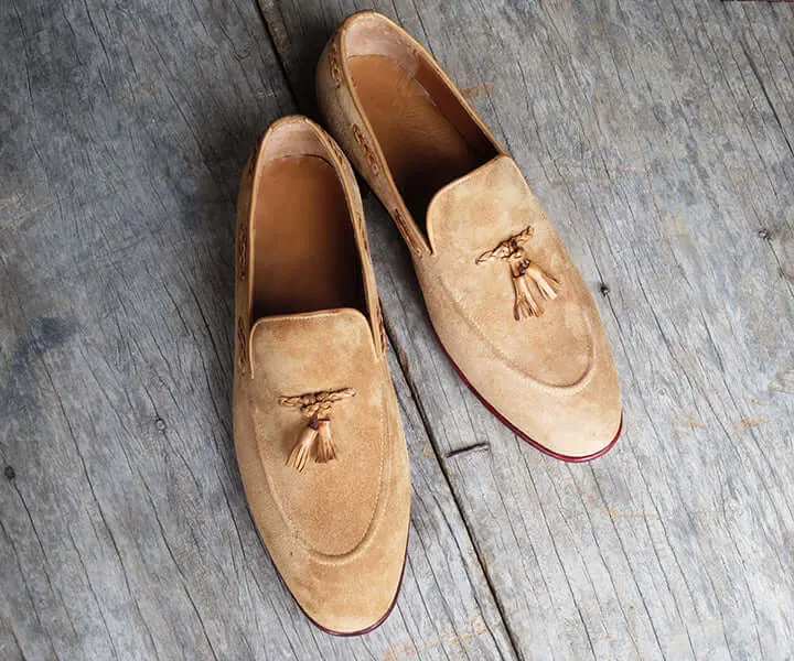 Handmade Men’s Beige Color Round Toe Suede Leather Loafers, Men Tussle Dress Moccasins