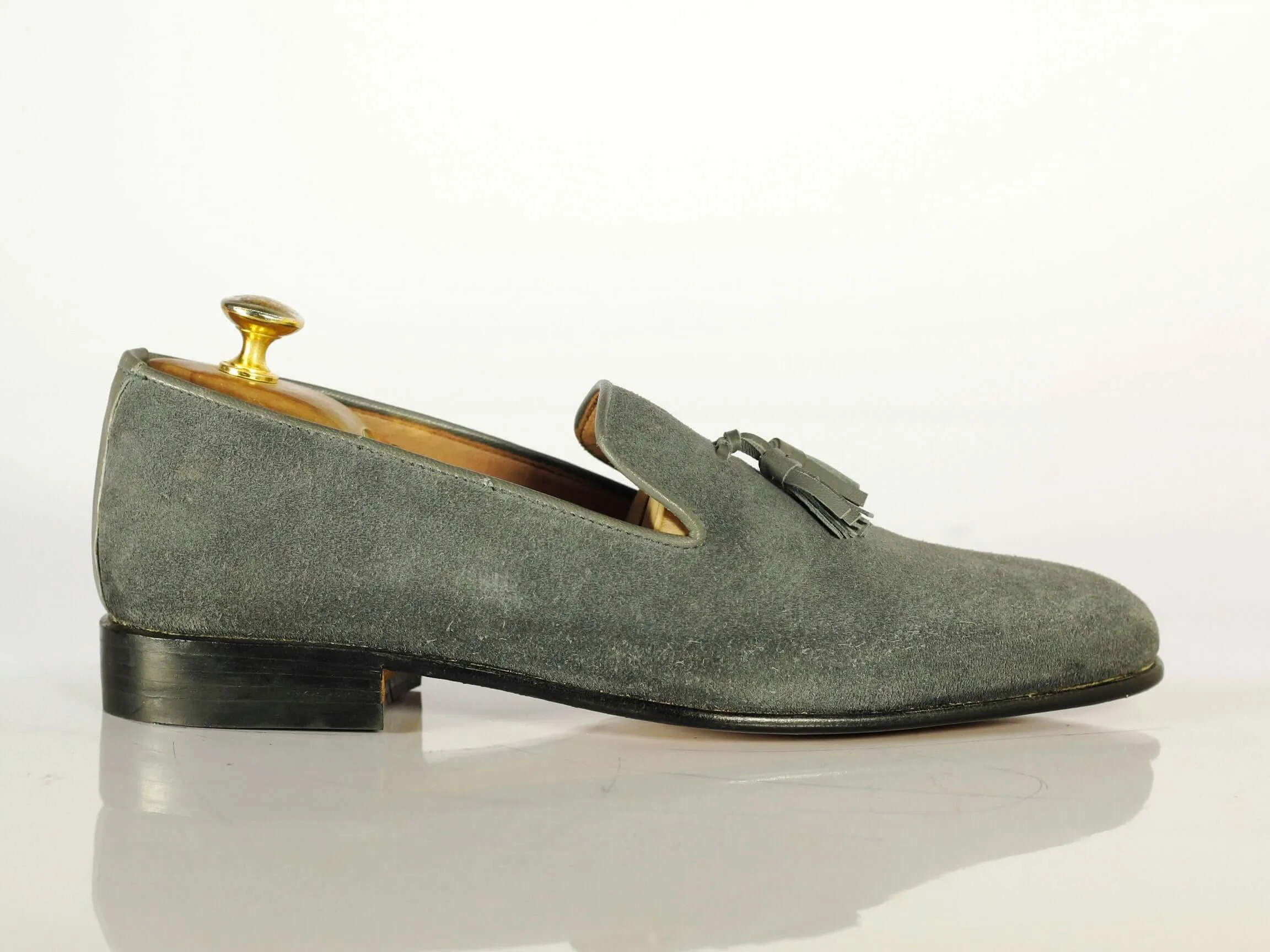 Handmade Men's Gray Suede Tassel Loafers, Men Designer Dress Luxury Shoes