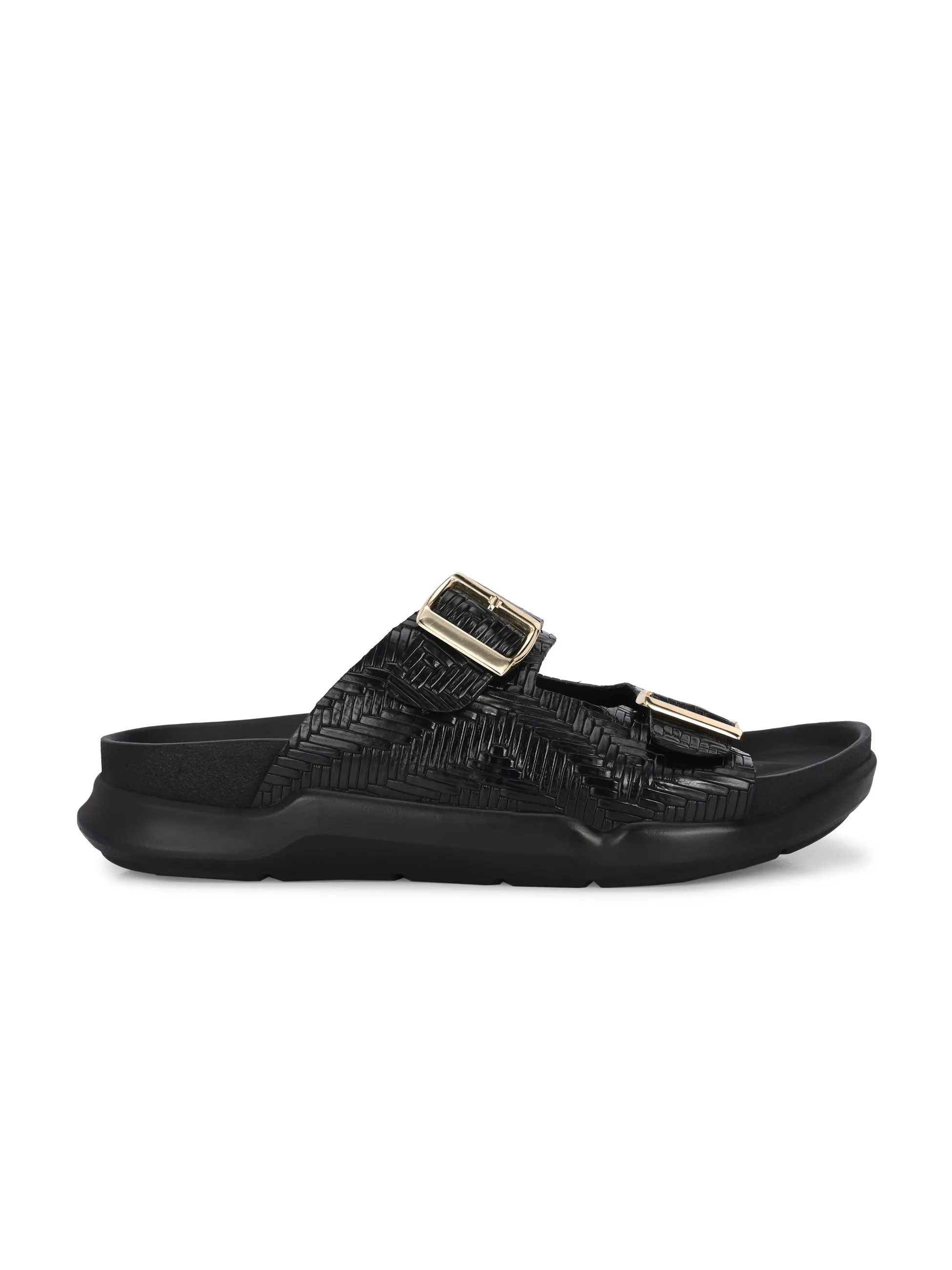 Hitz Men's Black Leather Casual Daily Wear Buckle Sandals