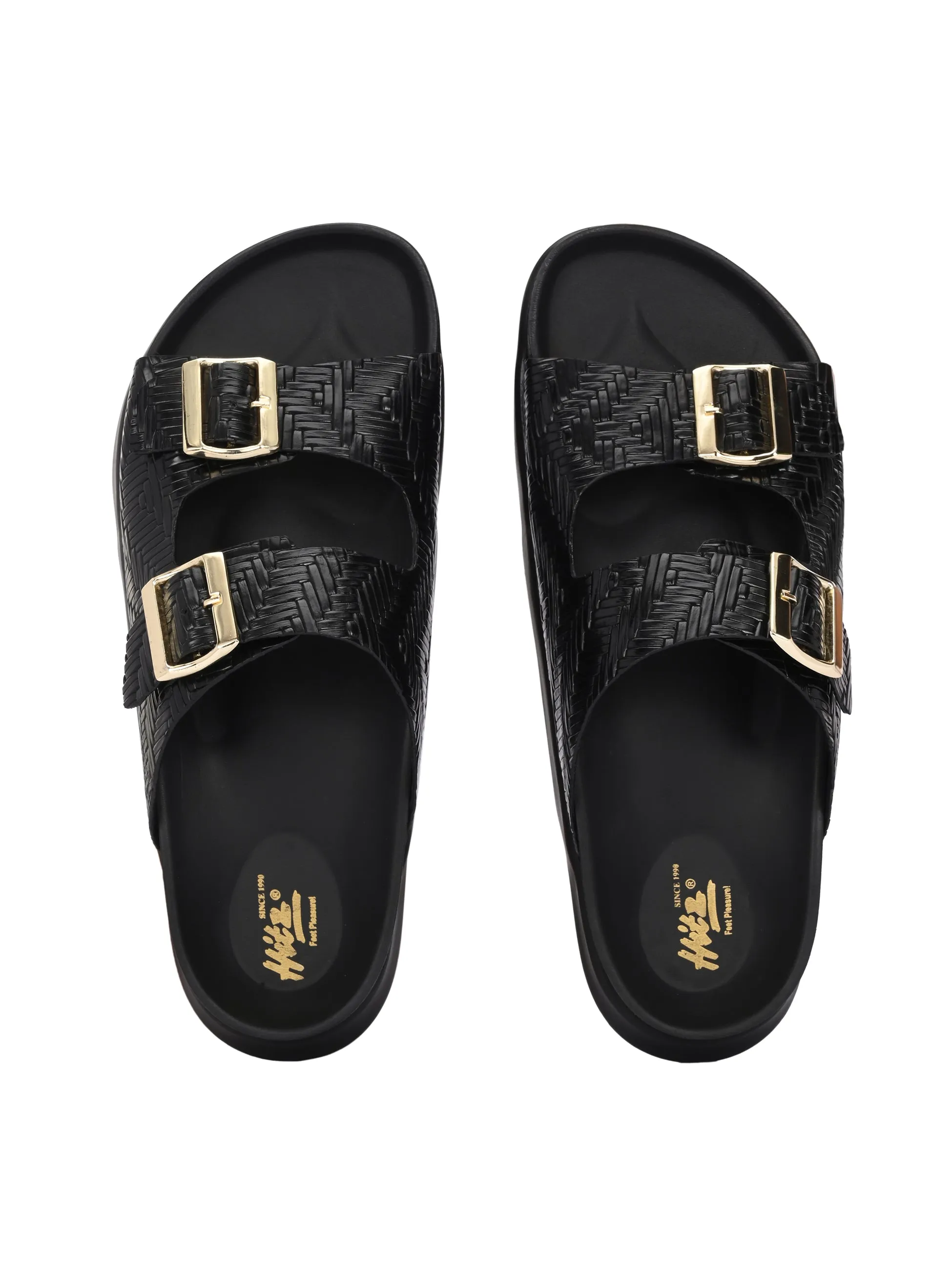 Hitz Men's Black Leather Casual Daily Wear Buckle Sandals