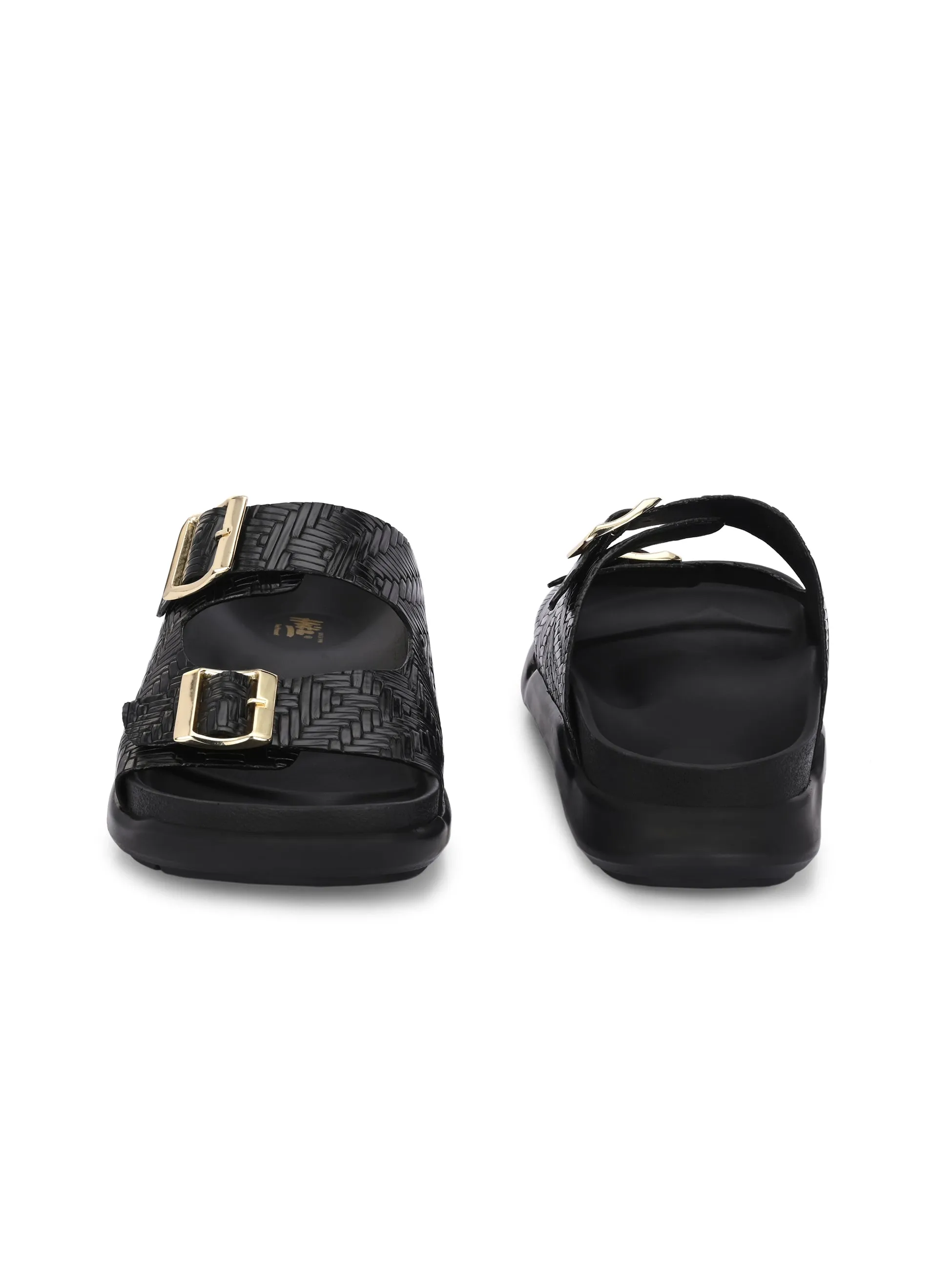 Hitz Men's Black Leather Casual Daily Wear Buckle Sandals