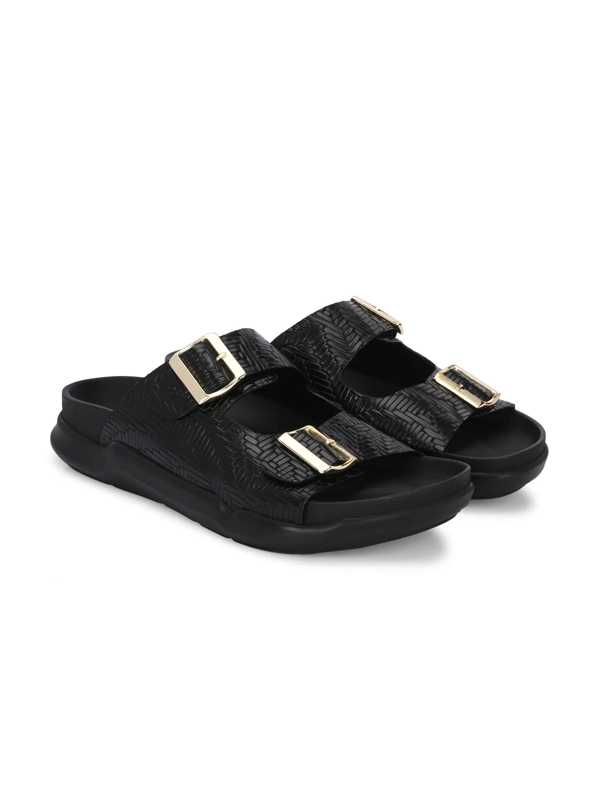 Hitz Men's Black Leather Casual Daily Wear Buckle Sandals