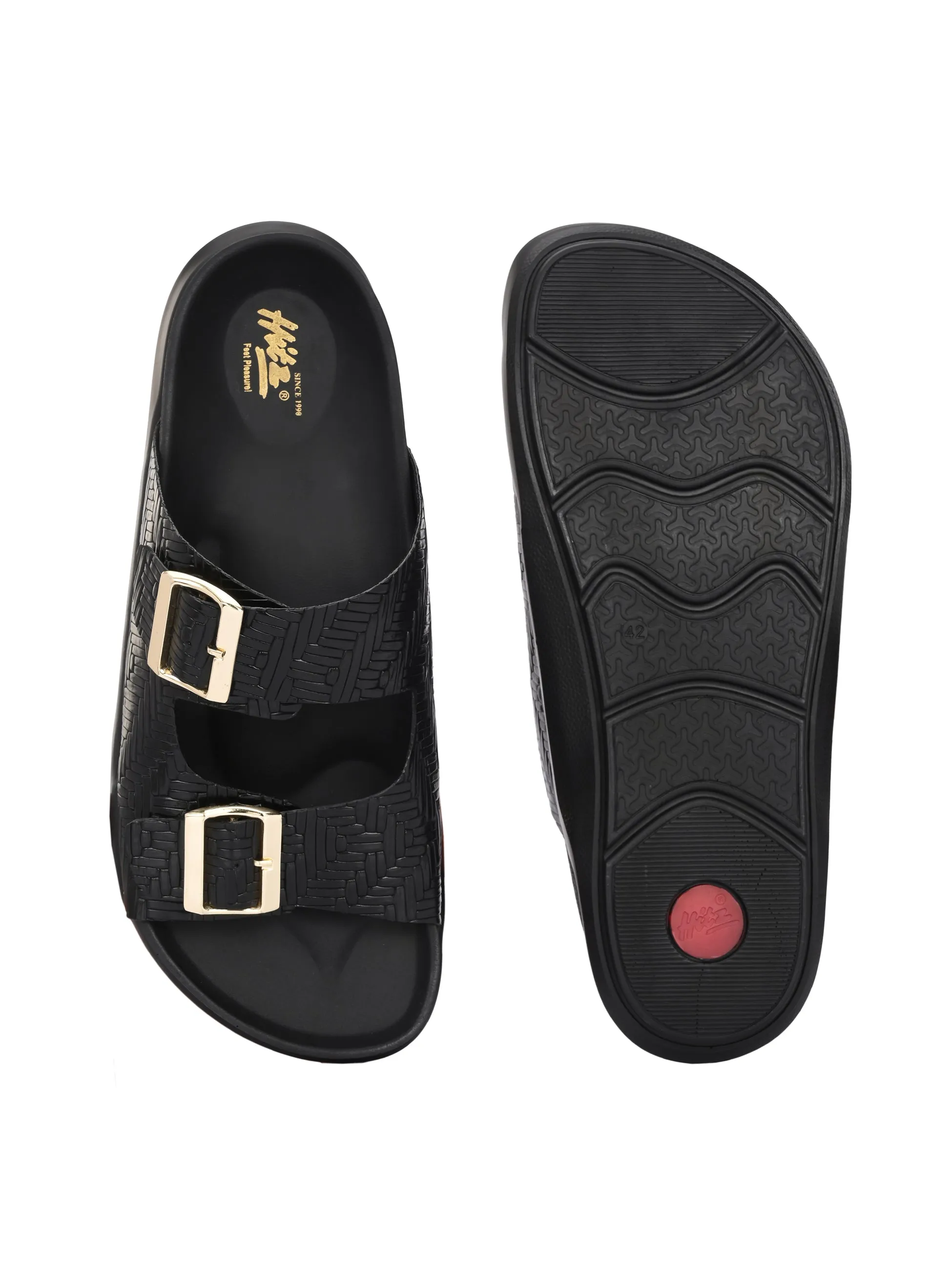 Hitz Men's Black Leather Casual Daily Wear Buckle Sandals