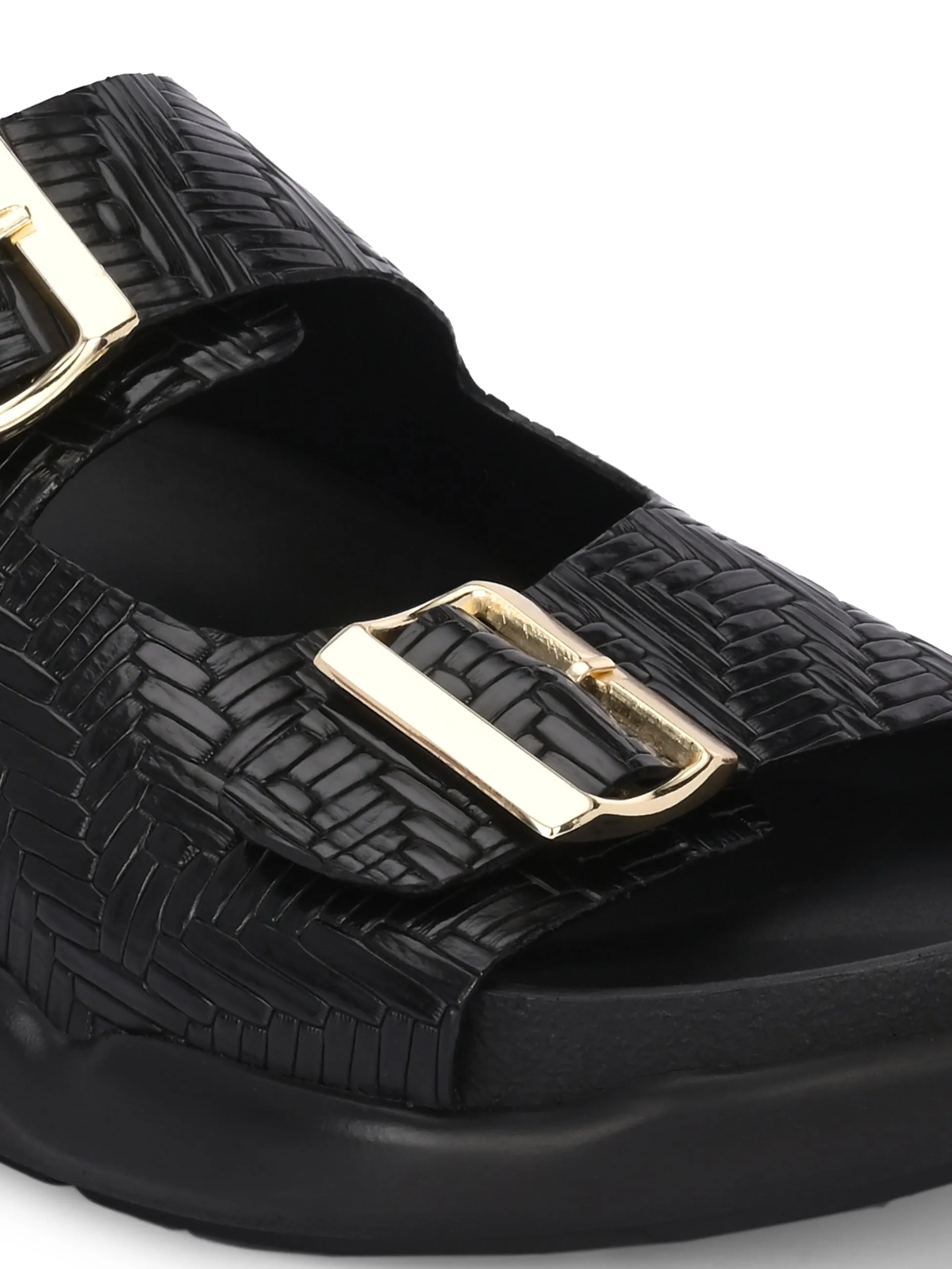 Hitz Men's Black Leather Casual Daily Wear Buckle Sandals