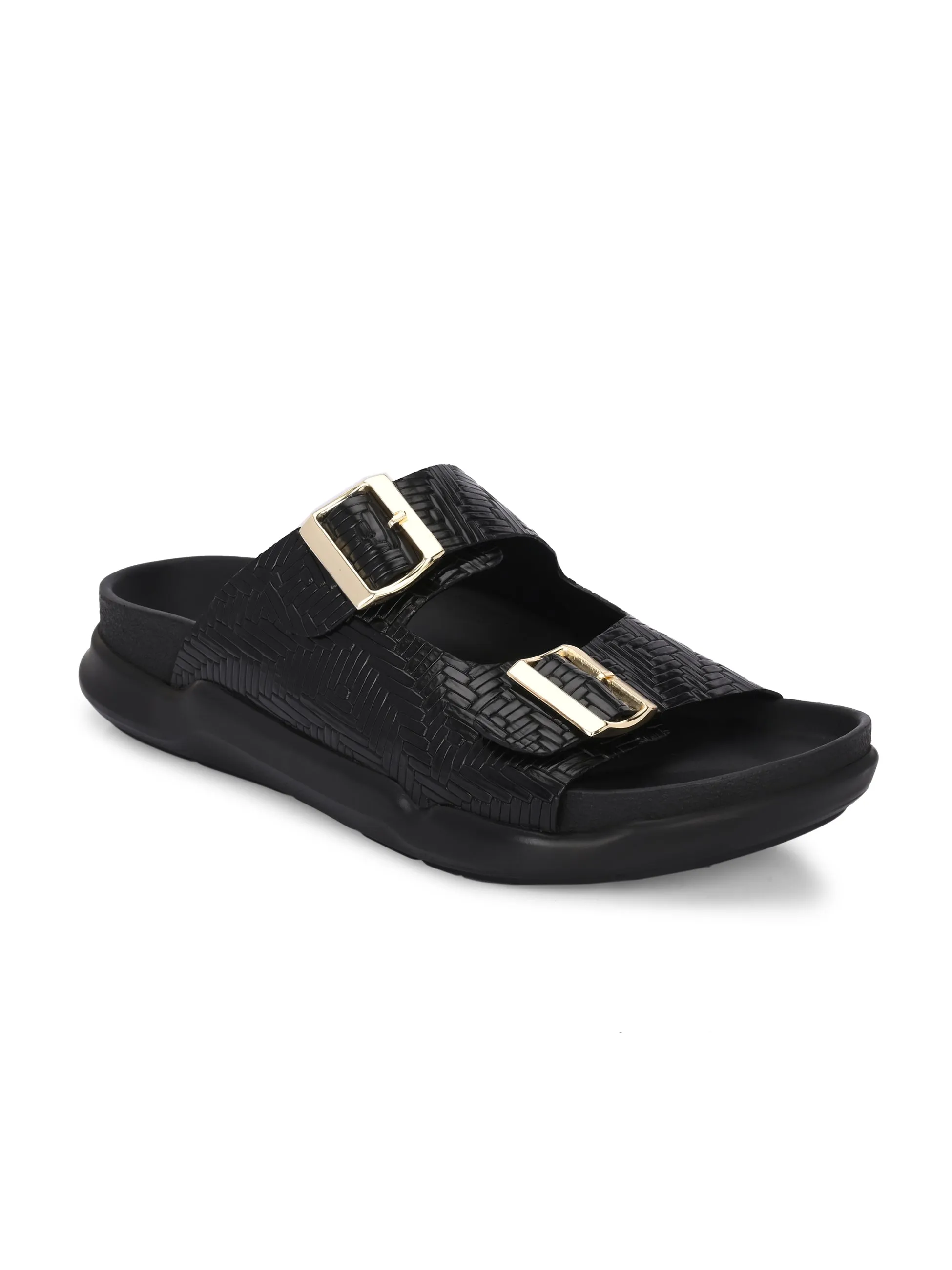 Hitz Men's Black Leather Casual Daily Wear Buckle Sandals