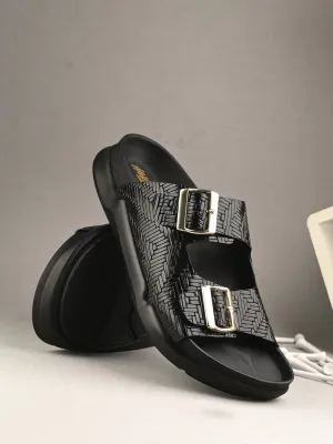 Hitz Men's Black Leather Casual Daily Wear Buckle Sandals