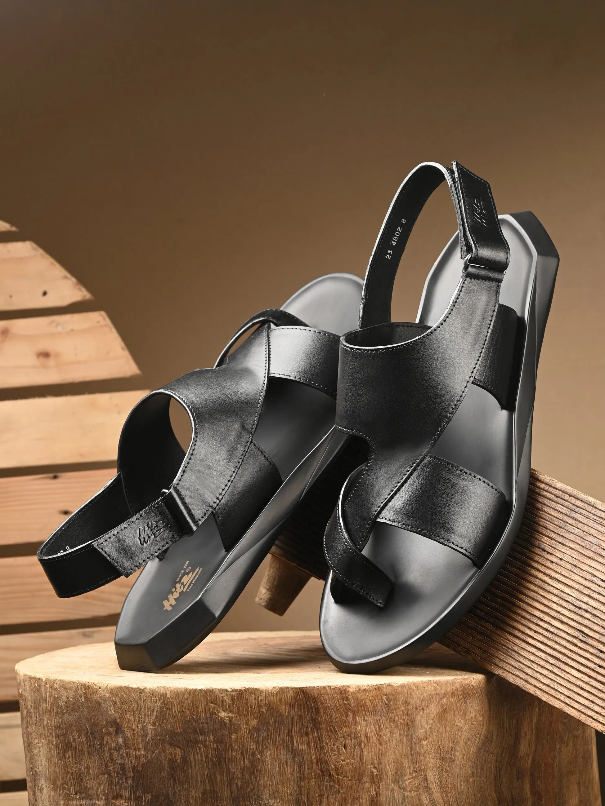 HITZ Men's Black Leather Casual Daily Wear Sandals