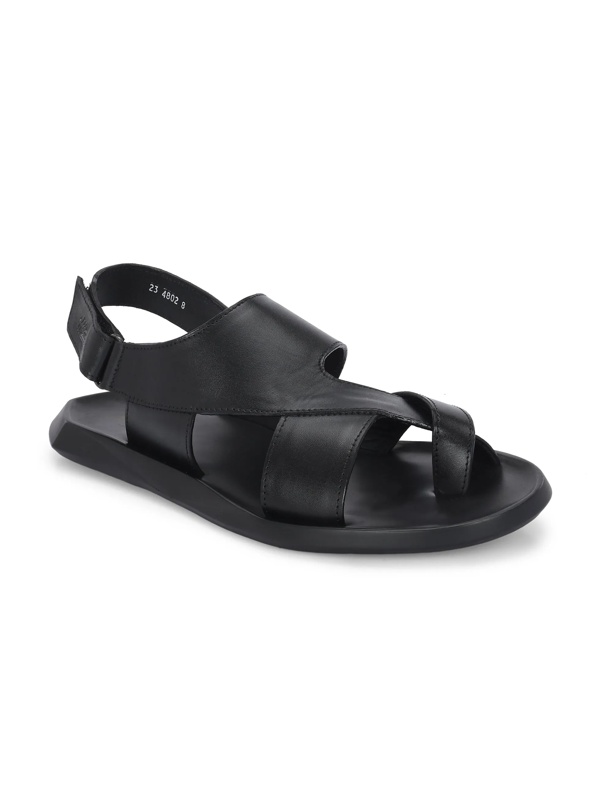 HITZ Men's Black Leather Casual Daily Wear Sandals