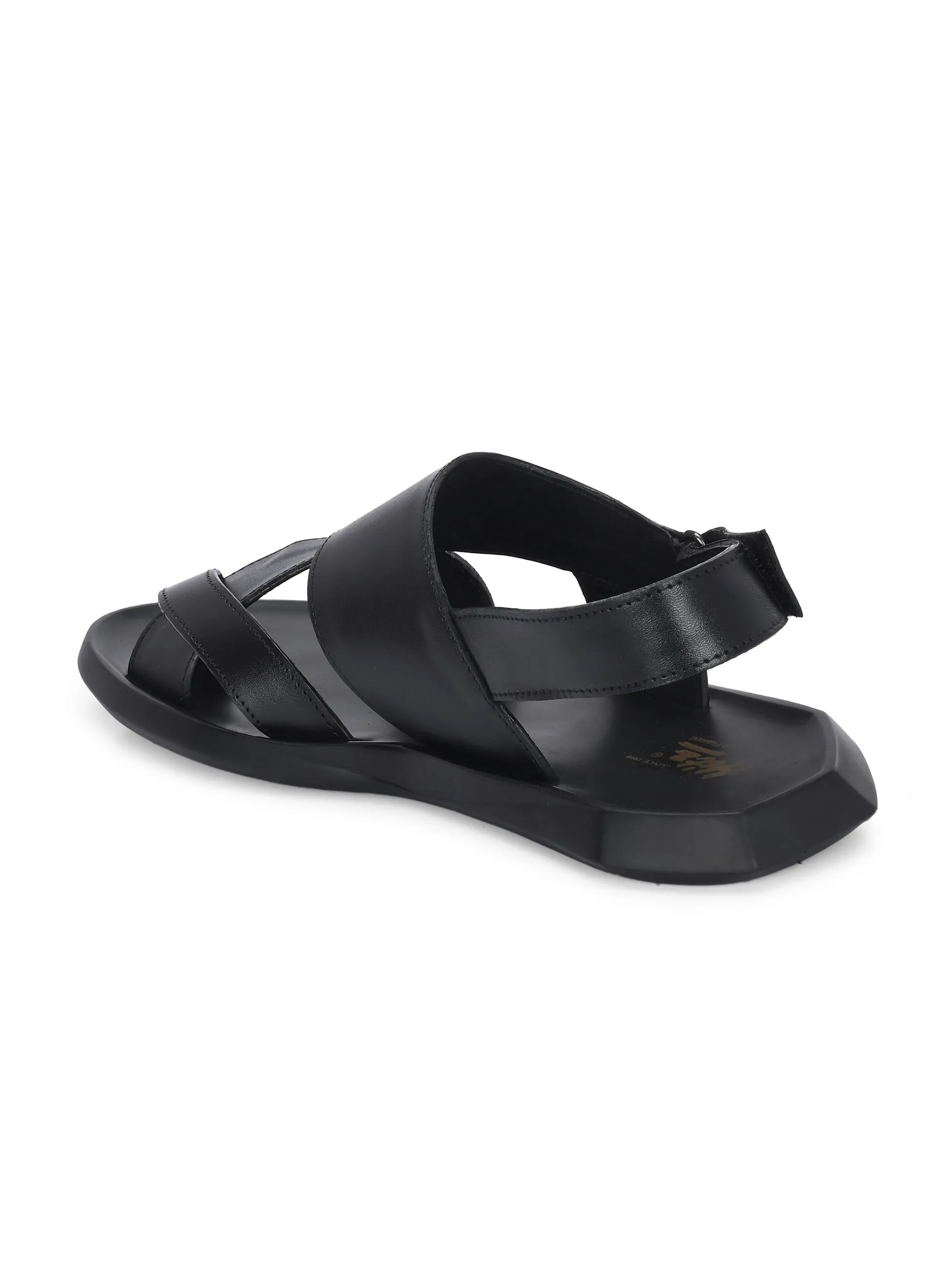 HITZ Men's Black Leather Casual Daily Wear Sandals