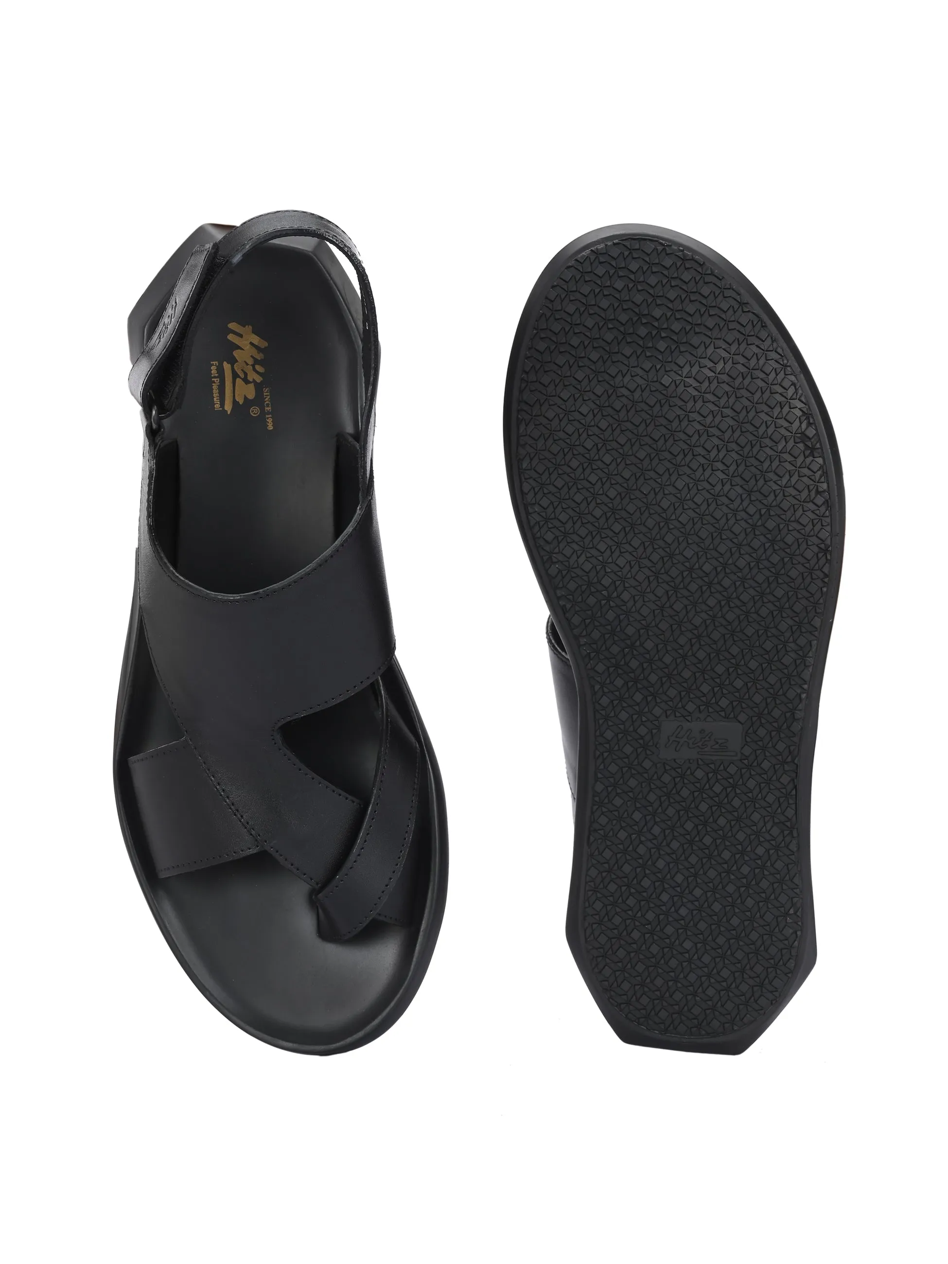 HITZ Men's Black Leather Casual Daily Wear Sandals