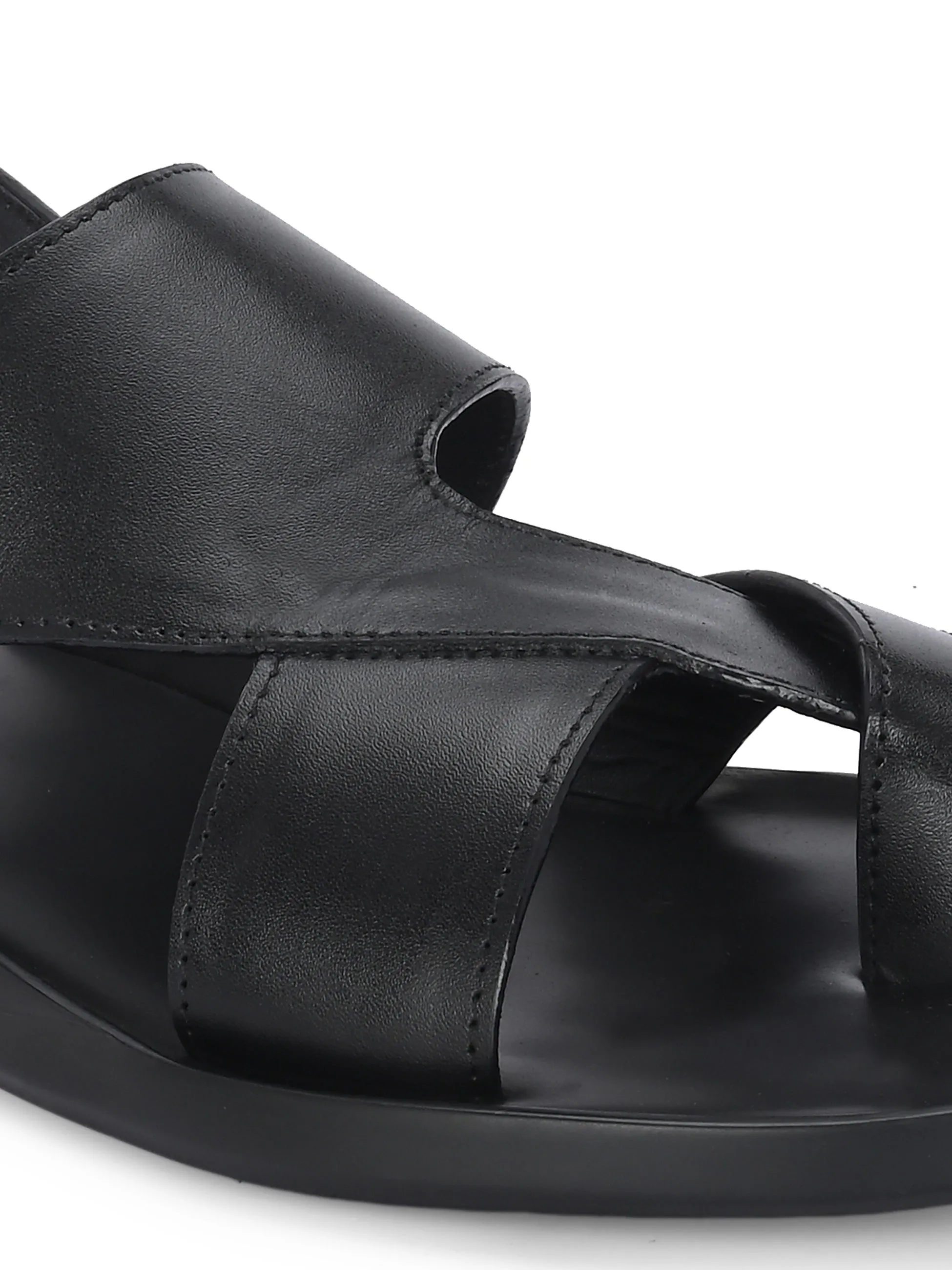 HITZ Men's Black Leather Casual Daily Wear Sandals