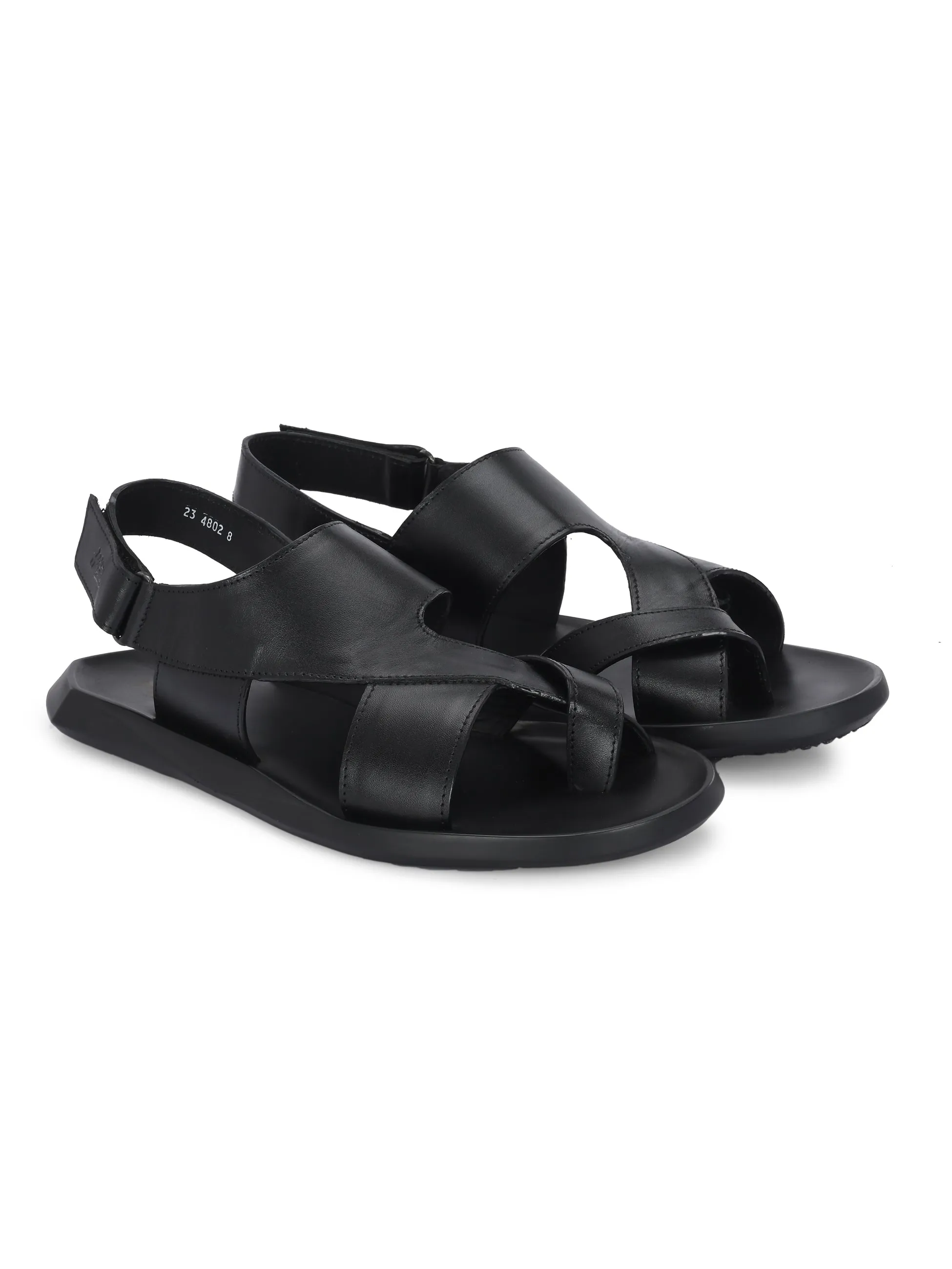 HITZ Men's Black Leather Casual Daily Wear Sandals