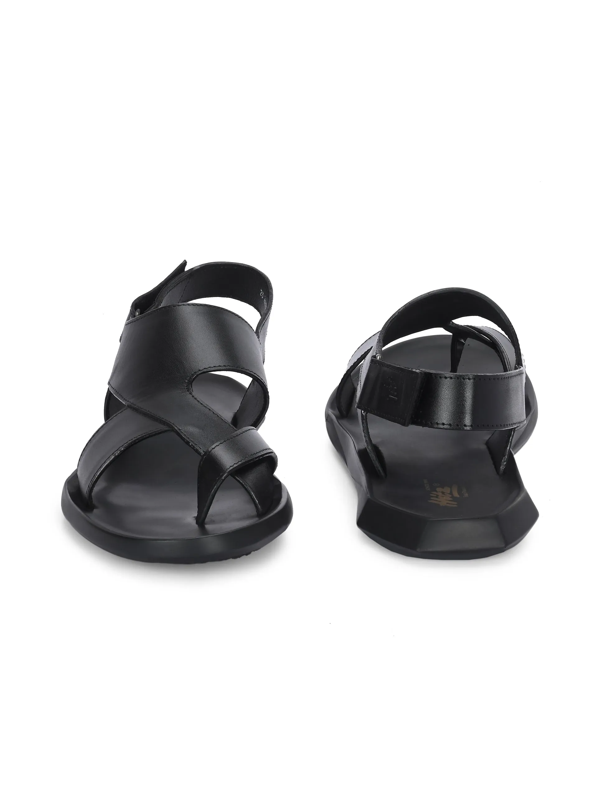 HITZ Men's Black Leather Casual Daily Wear Sandals