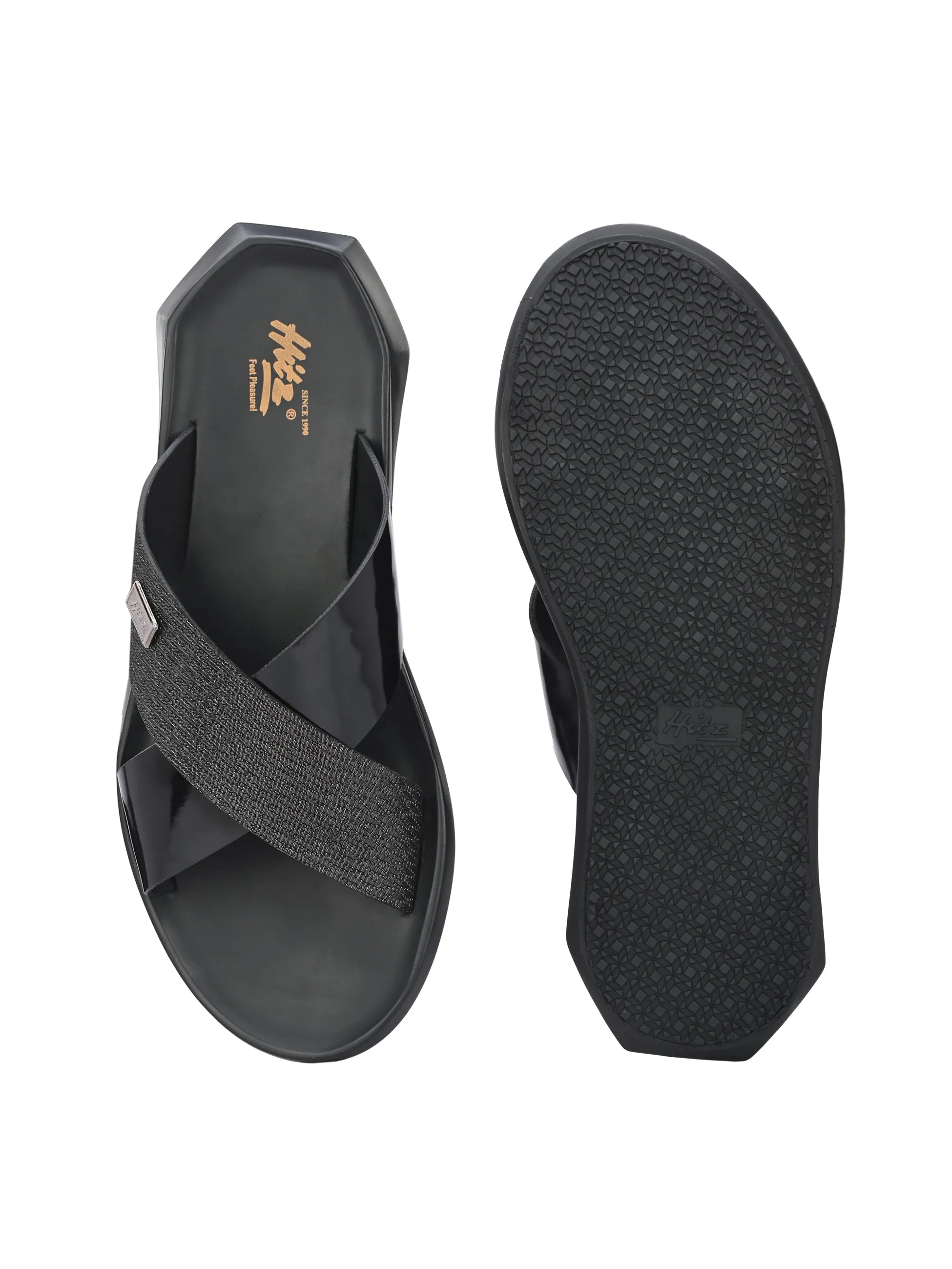 Hitz Men's Black Leather Slippers with Open Toe