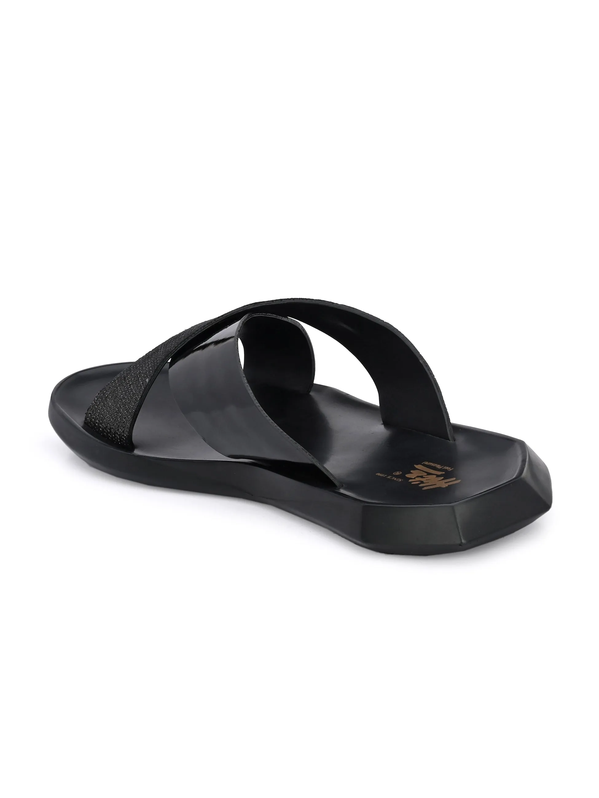 Hitz Men's Black Leather Slippers with Open Toe