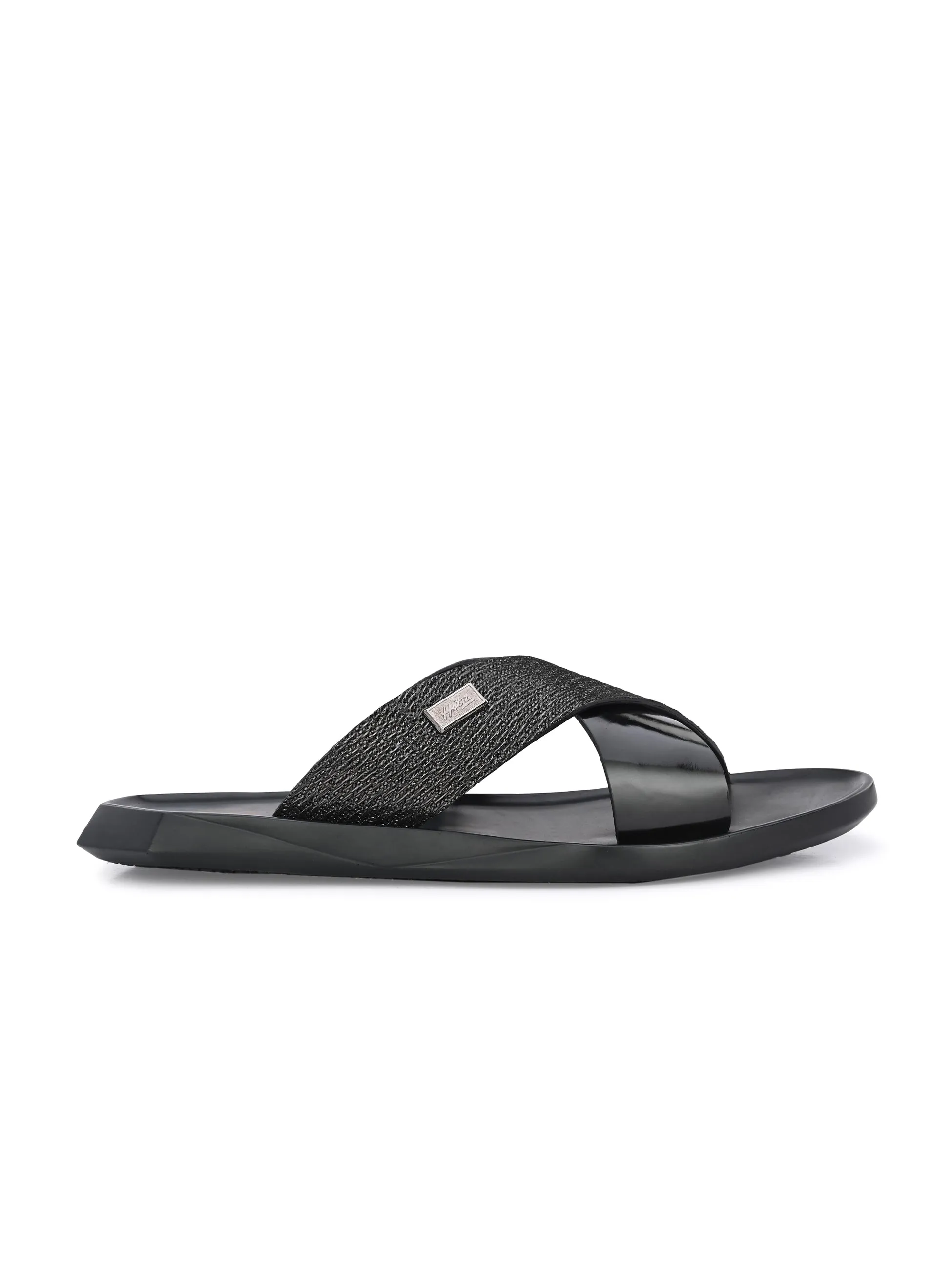 Hitz Men's Black Leather Slippers with Open Toe