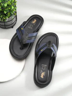 Hitz Men's Blue Fabric & Leather Comfortable Slippers