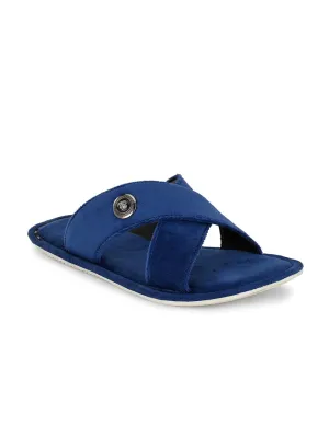 Hitz Men's Blue Leather Casual Open Toe Indoor Outdoor Slippers