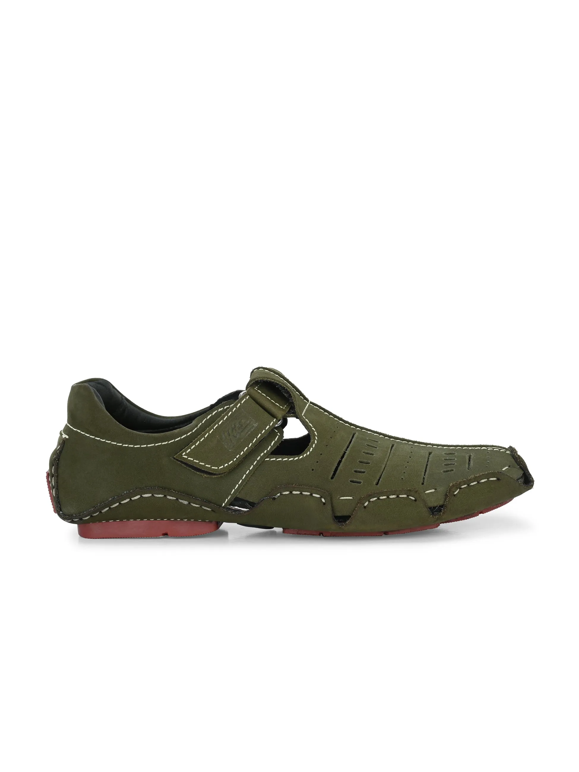 Hitz Men's Green Leather Sandal cum Shoes with Velcro Closure