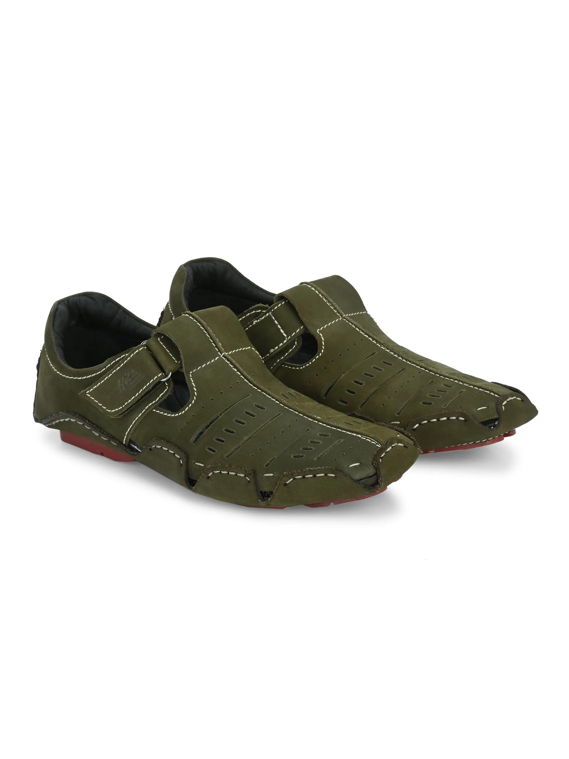 Hitz Men's Green Leather Sandal cum Shoes with Velcro Closure